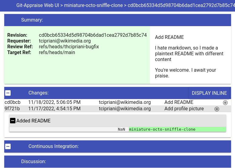 The git-appraise web interface, in all its NaN-line-numbering glory.