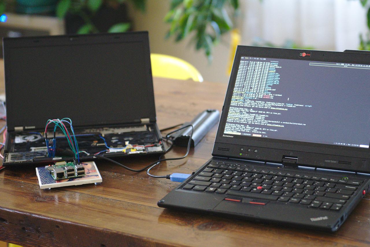 What the whole flashing setup looked like for me X230 -> USB-to-TTY -> Raspberry Pi -> Pomona Clip -> X220