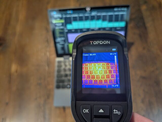 Chuwi Minibook X running stress-ng on thermal camera. Thermal camera reads 88.4°F